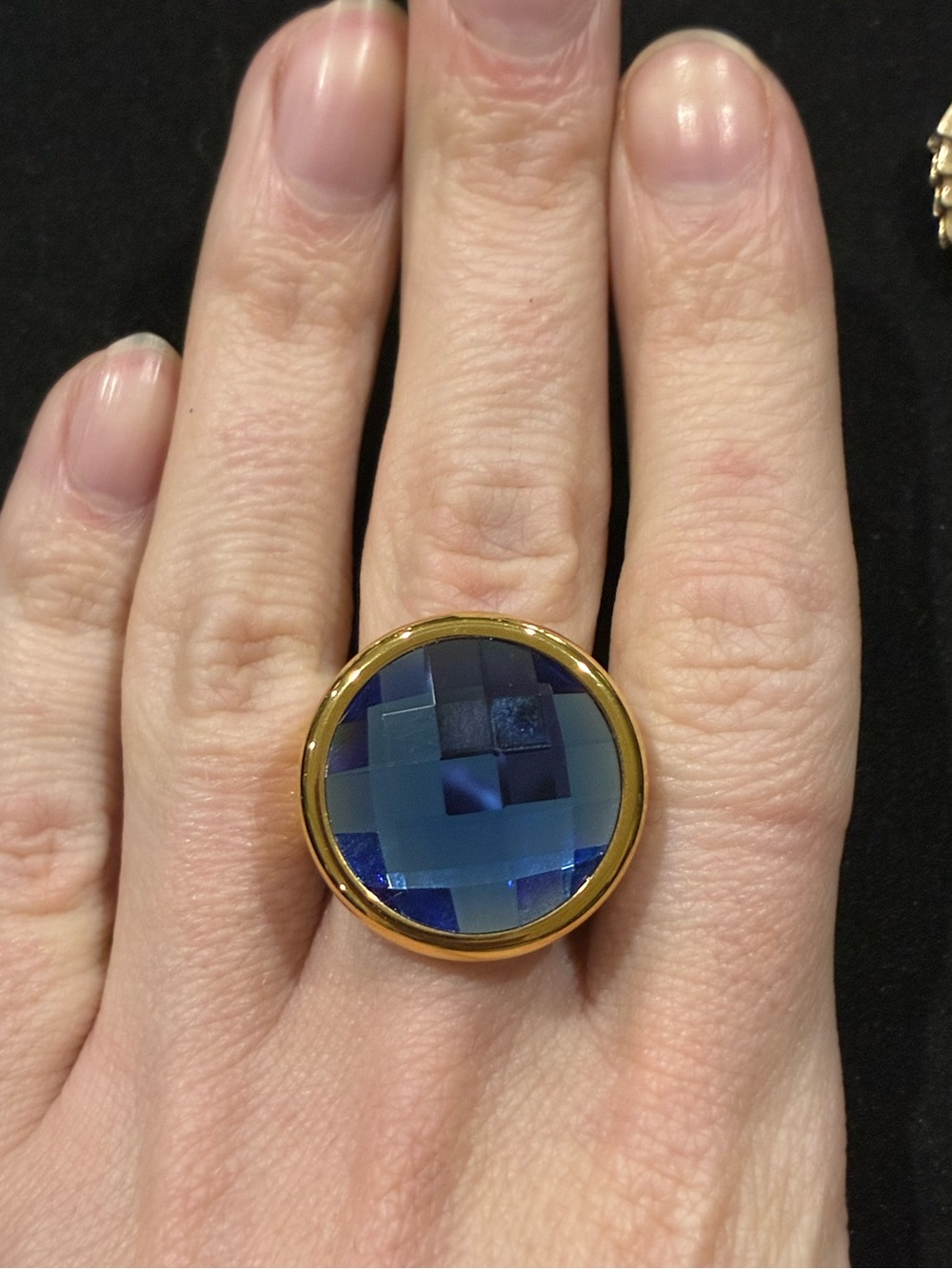Vintage Gold Tone Blue Glass Cocktail Ring